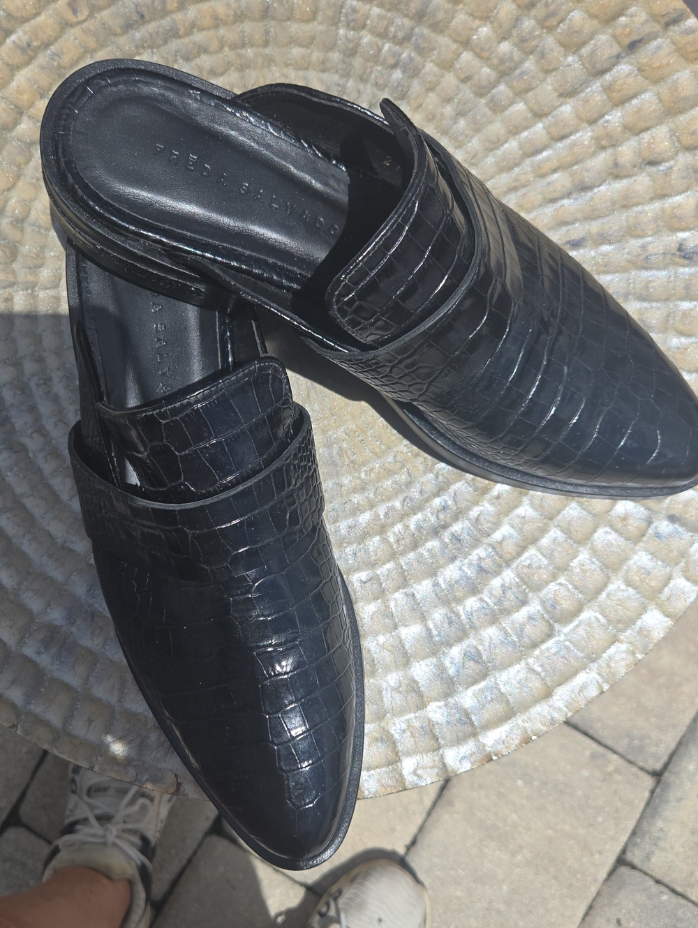 Freda Salvador Black Croc-Embossed Leather Slip-On Mules